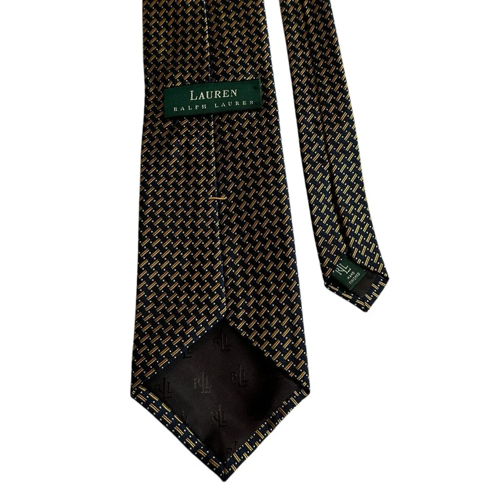 Lauren Ralph Lauren luxury 100% silk navy and gold patterned tie - Picture 9 of 11